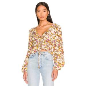 Sanctuary Drawn To You Ruched Drawstring Long Sleeve Floral Top Blouse Yellow L